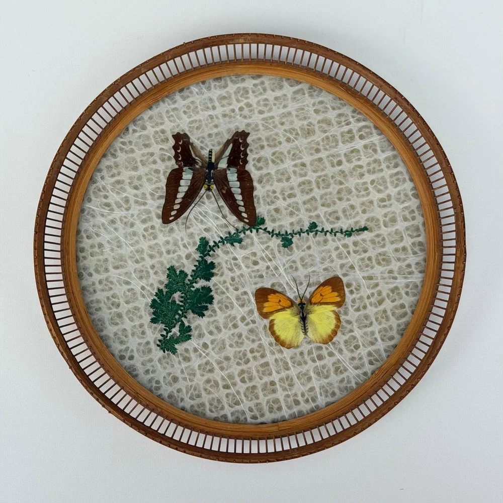 Vintage Tray Jetline Japan Rattan Bamboo Lucite Butterfly Floral‎ Boho Cottage